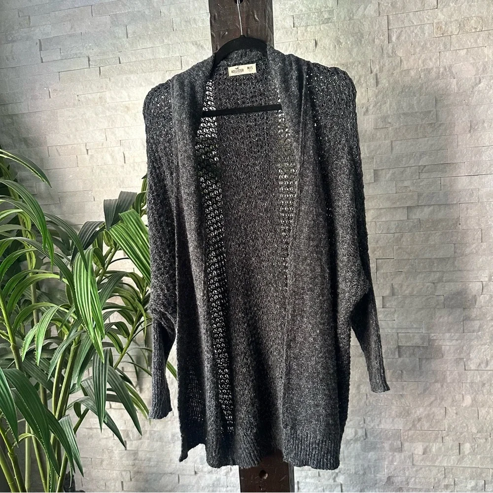 Hollister Charcoal Grey Knit Crochet Open Front Slouchy Sweater Size M/L